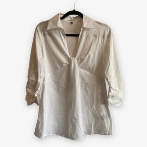 Adrienne Vittadini White Collared Babydoll Collared Blouse Shirred Sleeves Small